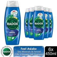 6xRadox Body Wash & Shampoo 2in1 Feel Awake Men with Fennel & Sea Minerals 450ml 5.55 per litre