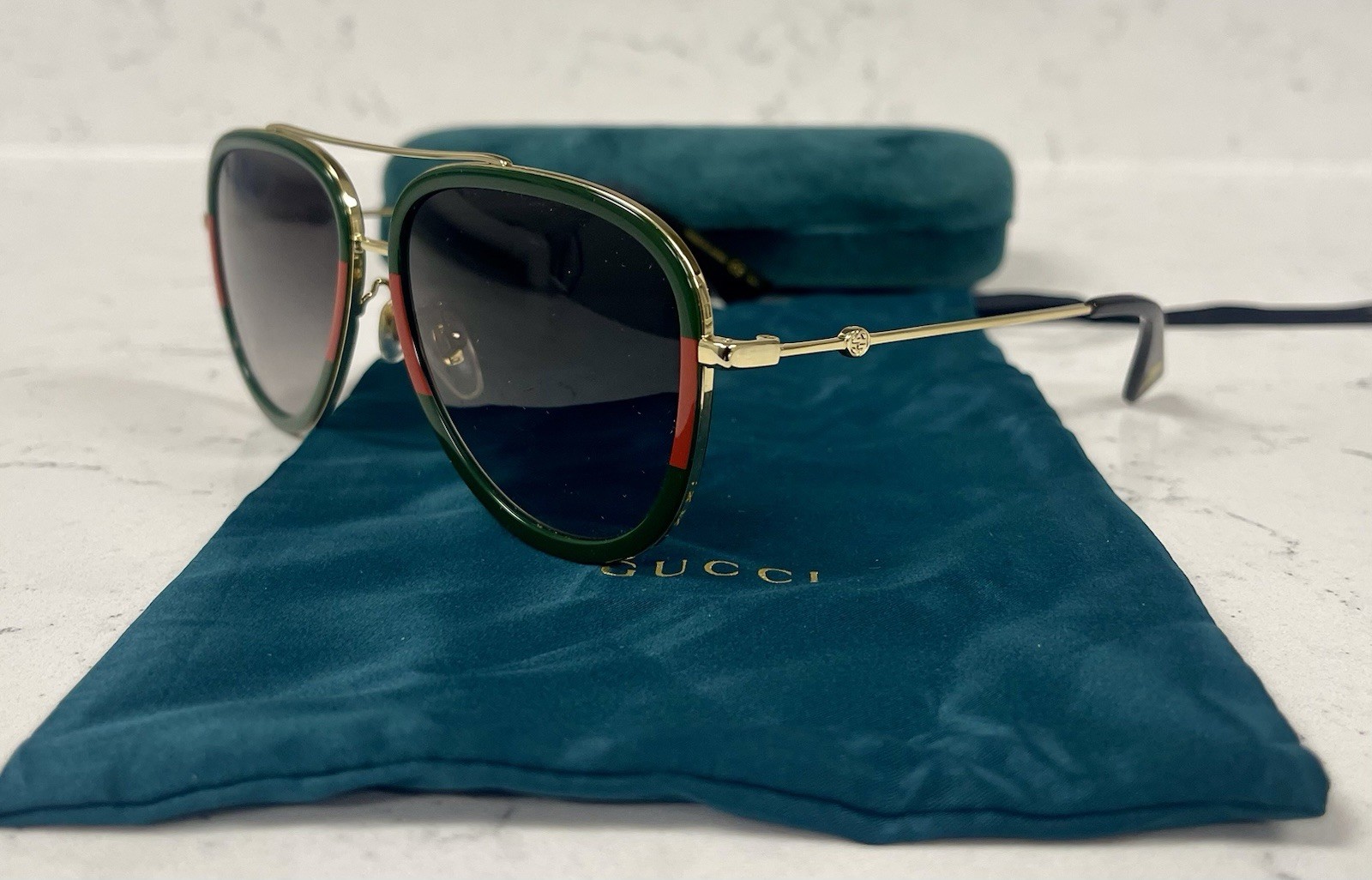 Authentic Gucci GG0062S 003 57mm Aviator Sunglasses Green/Red Unisex Sunglasses image 4