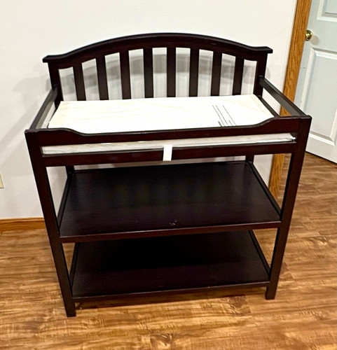 Brown Wood Baby Changing Table with Changing Pad and Storage Shelves