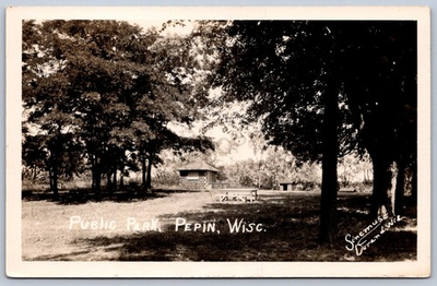 #ad K42 Pepin Wisconsin RPPC Postcard c1928 Public Park Cabin 125 $21.85