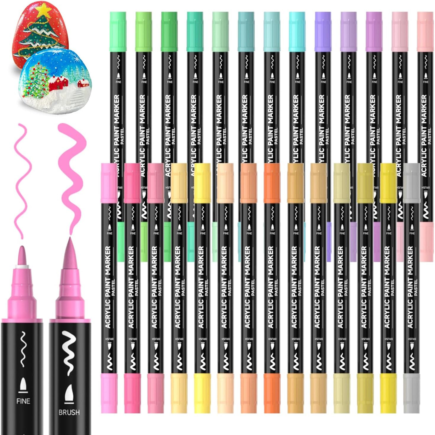 28 Pastel Colors Dual Tip Acrylic Paint Markers, Brush Tip a