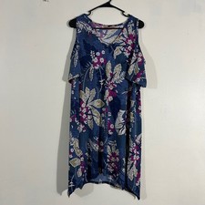 SJS Floral Cold Shoulder Dress Womens Large Blue Pink Tropical Shift Sharkbite