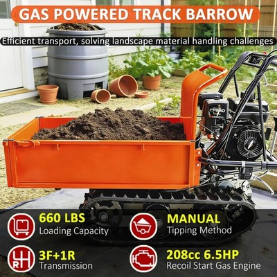 6.5HP Gas Track Barrow 660lb Capacity 3F+1R Gear Briggs CR950 Engine for Farm