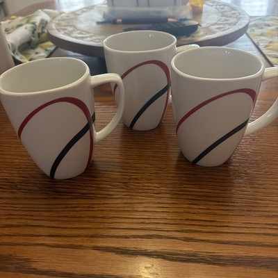 3 Corelle Coordinates Fine Lines Mugs Red Black Swirl Coffee Tea Cups -3042