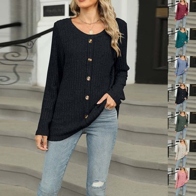 locker geschnittenes Damen Langarm T-Shirt Rundhals einfarbig O