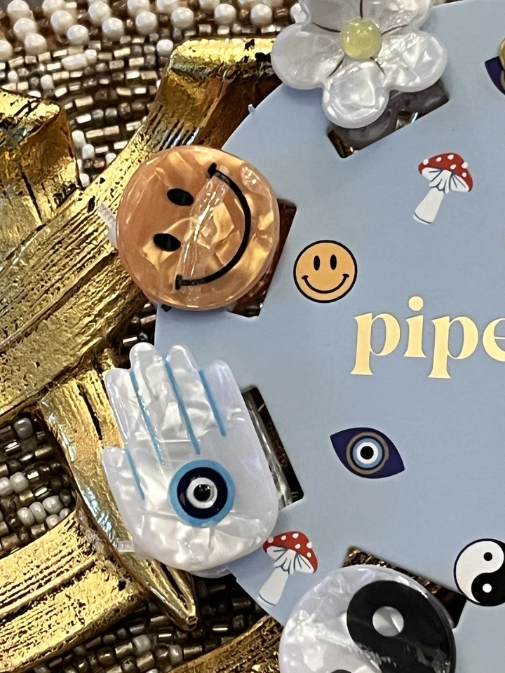 Champiñón Hamsa Mano Yin-Yang Cara Sonriente Trébol Mal de Ojo Hippie Boho Pinzas para el Cabello Foto 3 de 4