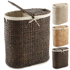 2-Section Oval Laundry Hamper Clothes Basket with Lids & Liners, Hyacinth Wicker
