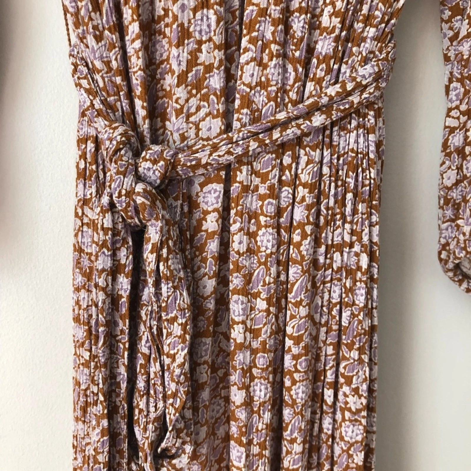 VETEMENTS Abito donna Gap scollo spacco midi Ditsy floreale cravatta vita marrone lavanda taglia XL