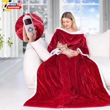 Wearable Heated Blanket with Sleeves Electric Heated Robe with Foot Pockets Red