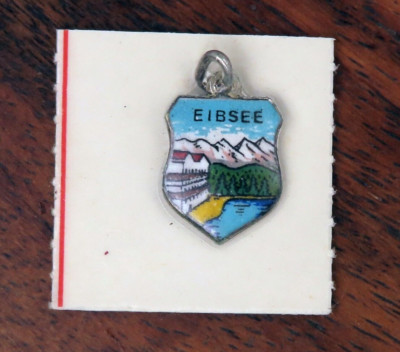Vintage silver GERMANY EIBSEE RUNDWEG LAKE INN HOTEL MOUNTAINS SHIELD charm 1730