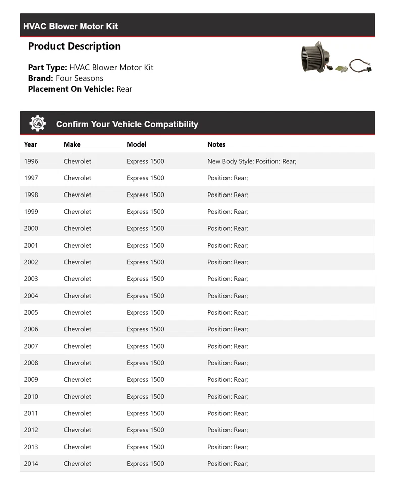 Kit de motor soplador de climatización trasero 4 estaciones 1997 Chevrolet Express 1500 1996-2014 Foto 2 de 3