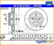 2pcs Brake Disc ATE 24.0128-0159.1 for Toyota RAV 4 IV