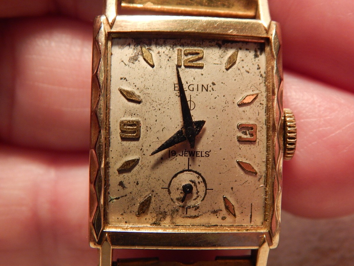 VTG 40S 50S ART DECO ELGIN WRISTWATCH 10K RGP BEZEL UNISEX 10K GF BAND  FIXER 19J
