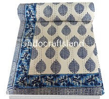 Indian hand Block Floral Kantha Quilt Blanket Cotton King Size Bedspread Throw