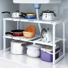 Under Sink Expandable Organizer 2-Tier Cabinet Storage Shelf Rack Kitchen/Bath