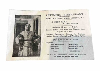 Kettners Restruant Established 1867 - Romilly Street, SoHo, London Vintage Ad