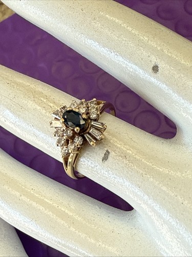 ๐ LADIES 14K YELLOW GOLD LAB CREATED BLUE SAPPHIRE & DIAMOND RING SZ 6 - Picture 8 of 8
