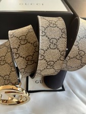 Gucci Gold Buckle GG Monogram Supreme Brown Leather Belt Size 95 cm Fit's 32-34W