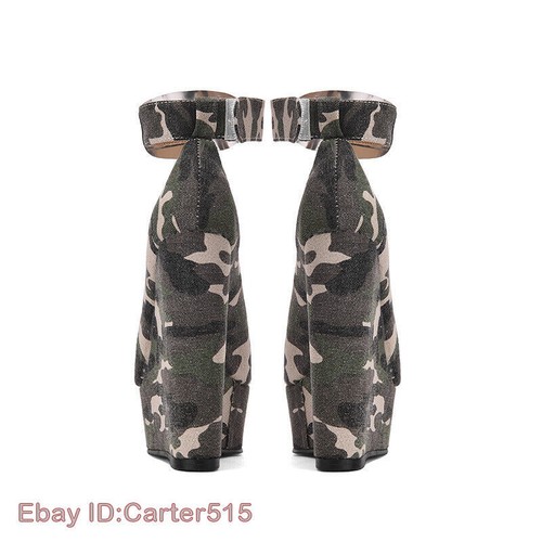 Women Wedge Heels Pumps Camouflage Round Toe Platform Ankle Strap Shoes BIG Size - Picture 13 of 18