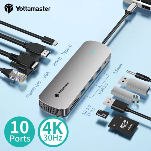 10 in 1 USB C Hub 4K HDMI Docking Station 100W PD USB 3.2 SD/TF Adapter Grau - Bild 1 von 12