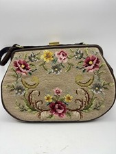 Vtg Petit Point Needlework Purse Handbag Floral Gold Clasp 50s60s