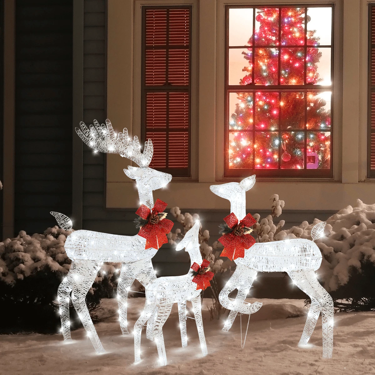 3Pieces LED Lights Christmas Deer Family Set Outdoor Reindeer Decorations White