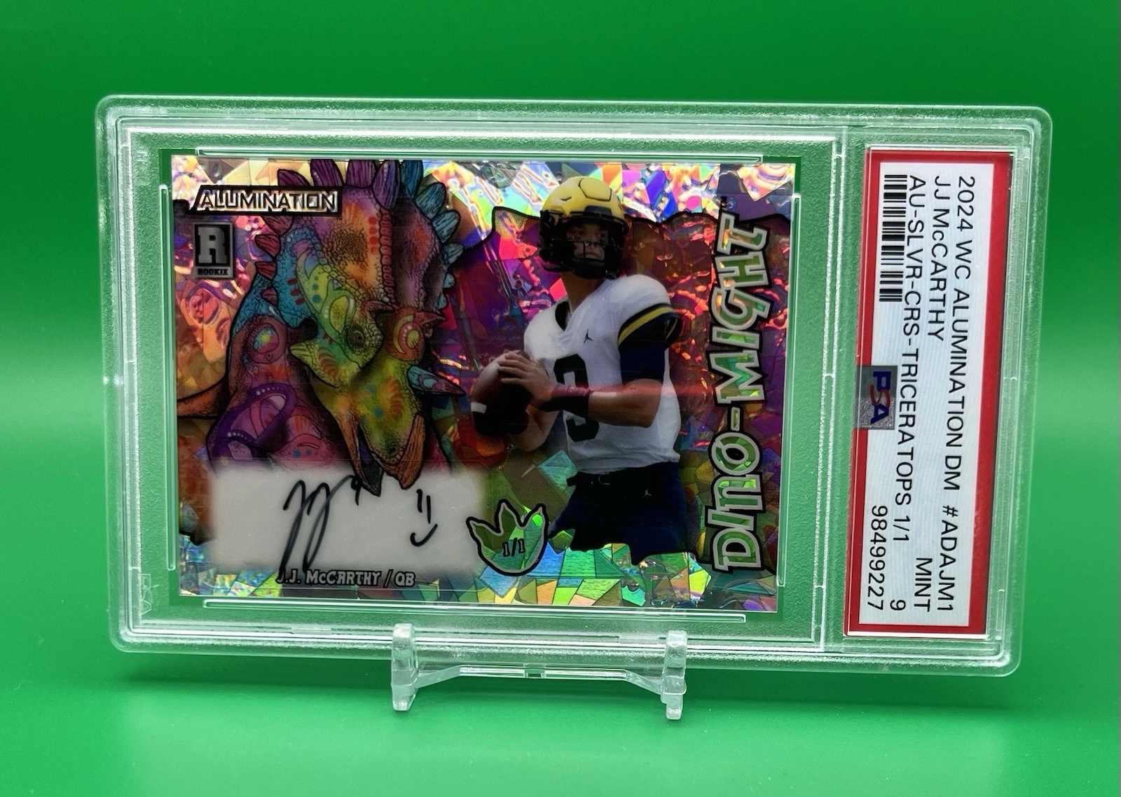JJ McCarthy Wild Card Alumination Dino-Might Exclusive Autographs #ADAJM1 Black-Raywave Foil-Trex 1/1