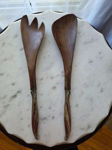 Rose Ballet Sterling Handle Wood Salad Serving Set France International Silver
