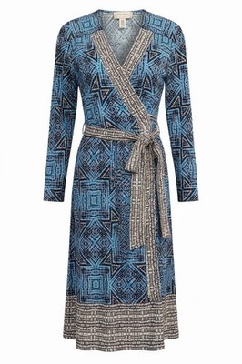 Donna Morgan Blue Geometric Wrap Dress   Tie Accent   Long Sleeve   Size 6