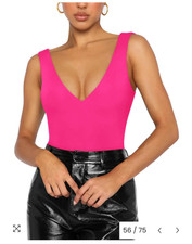 ReoRia Hot Pink V-Neck Double Lined Wide Strap Bodysuit Spring Summer Size S