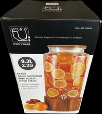 Studio Drinkware 2.2 Gal. Drink Dispenser Acacia Wood Stand & Lid S Steel Spigot