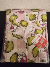 Dr. Seuss The Grinch Santa Pink Plaid Notch Collar Short 2-Piece Sleep Set Large