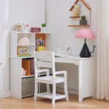 Kids L-Shaped Corner Desk&Chair Set,Study Table with Bookshelf&Storage Cabinets