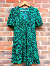 Uniqlo S Green Black Floaty Abstract V Neck Skater Dress Pockets Puff Sleeves