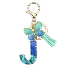 Initial Letter Keychains, Resin Cute Pendant with Butterfly Tassel, Teal-J
