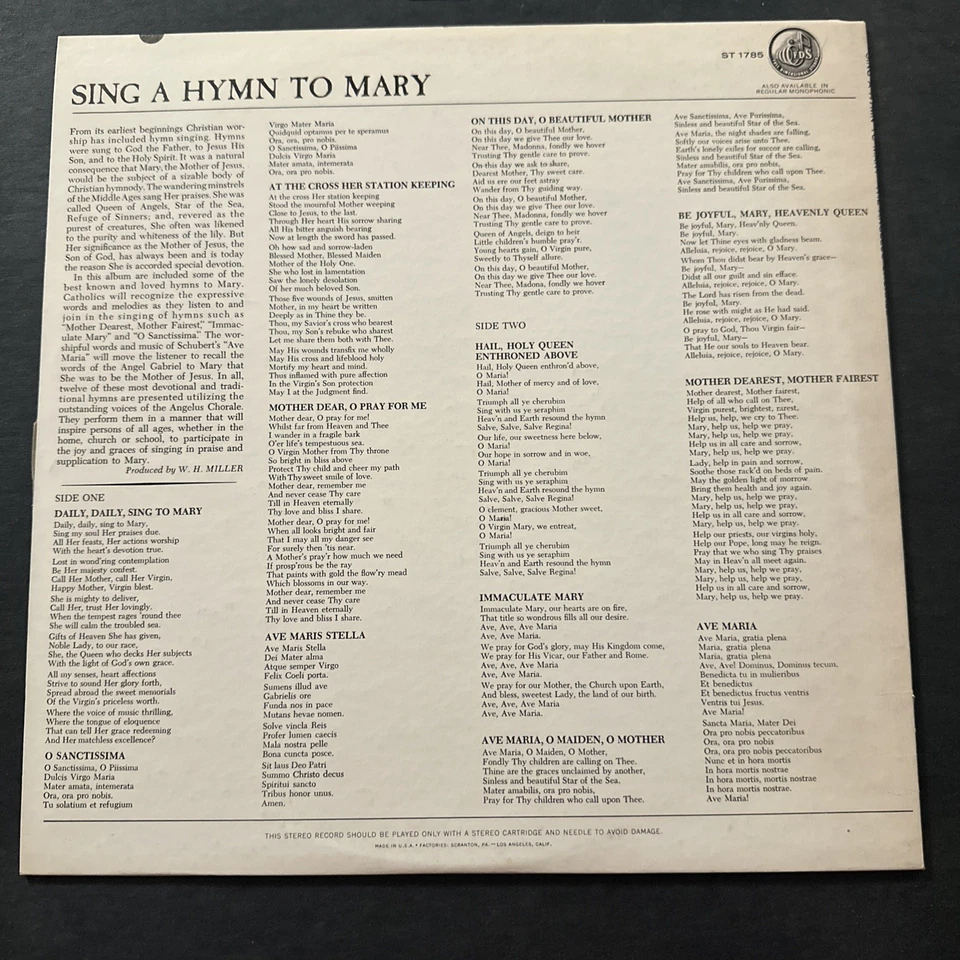 SING A HYMN TO MARY LP The Angelus Chorale ST1785 Stereo Vinyl Capitol Records - Image 2 of 4