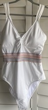 New White One Piece Swimsuit Smocked Waist Textured Stretch Adjustable Straps