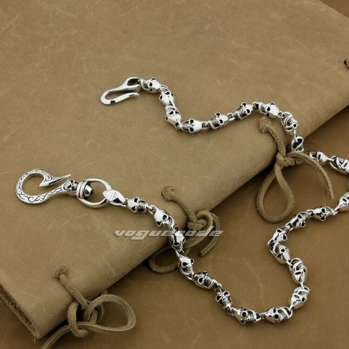 925 Sterling Silver Skulls Hook KeyChain Mens Biker Punk Wallet Chain 8W004WCA - Picture 2 of 22