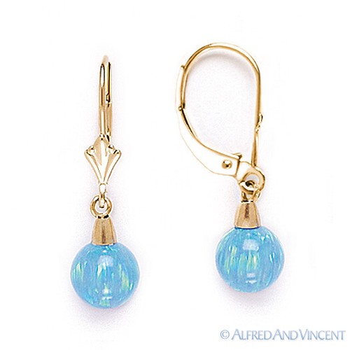 Azure Blue Lab-erstellte Opalkugel 14k Gelbgold Hebel Tropfen hängende Ohrringe - Bild 4 von 7