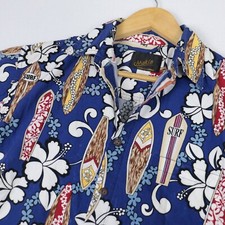 Vtg Makis Hawaiian Shirt Surfboards Royal Blue Floral 90's 100% Cotton USA Made