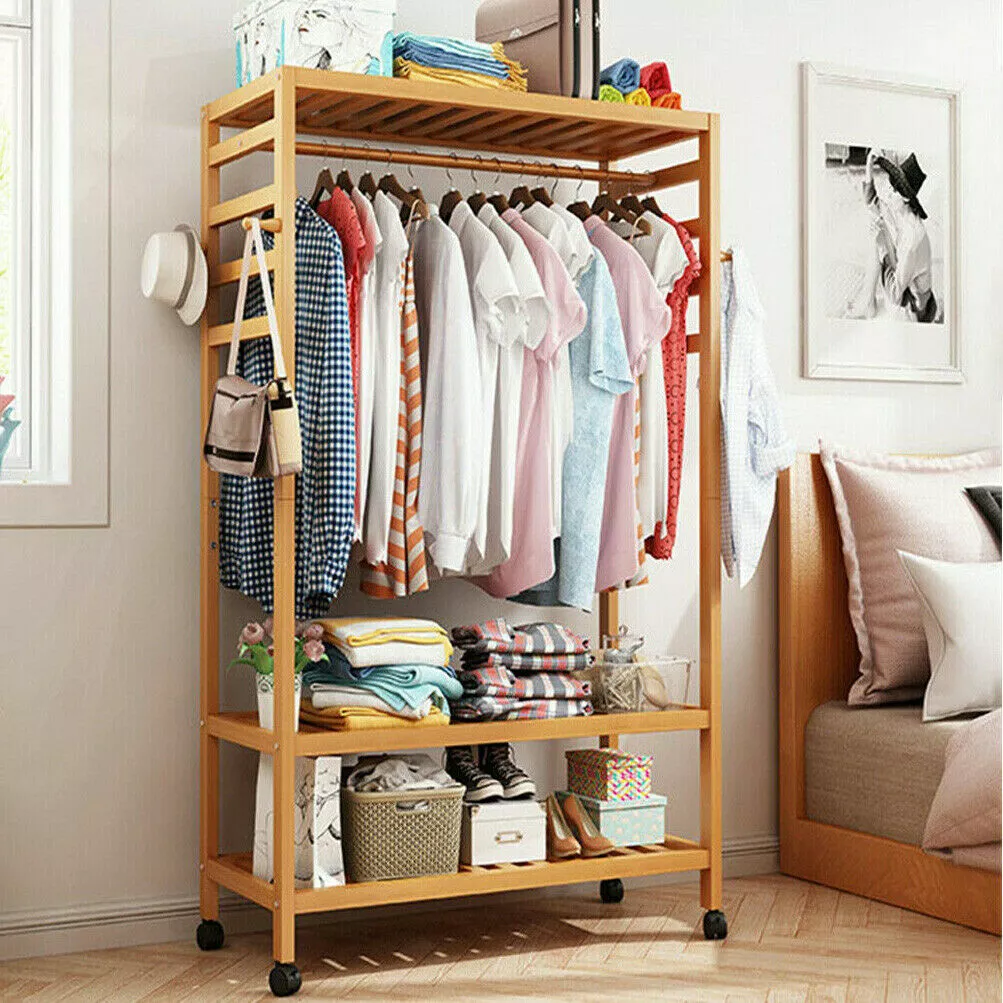 Unbrand Garment Rack 3 Tiers Heavy Duty Clothes Rack Rolling Free-Standing Clothing Closet Rack Organizer Storage Shelves with 2 Rods/Lockable Wheels/