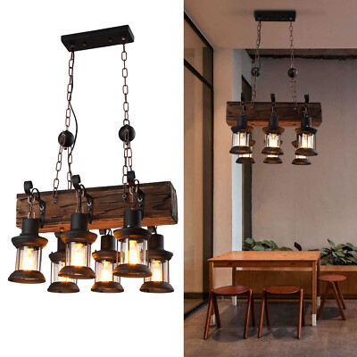 Vintage Wood Chandelier Black, Brown Pendant Lamp 6-Light Ceiling Fixtures 110V