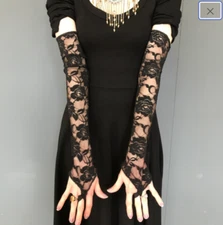 Lace Gloves with Finger Loops Black Floral Arm Warmers Opera Length Full Arm NWT