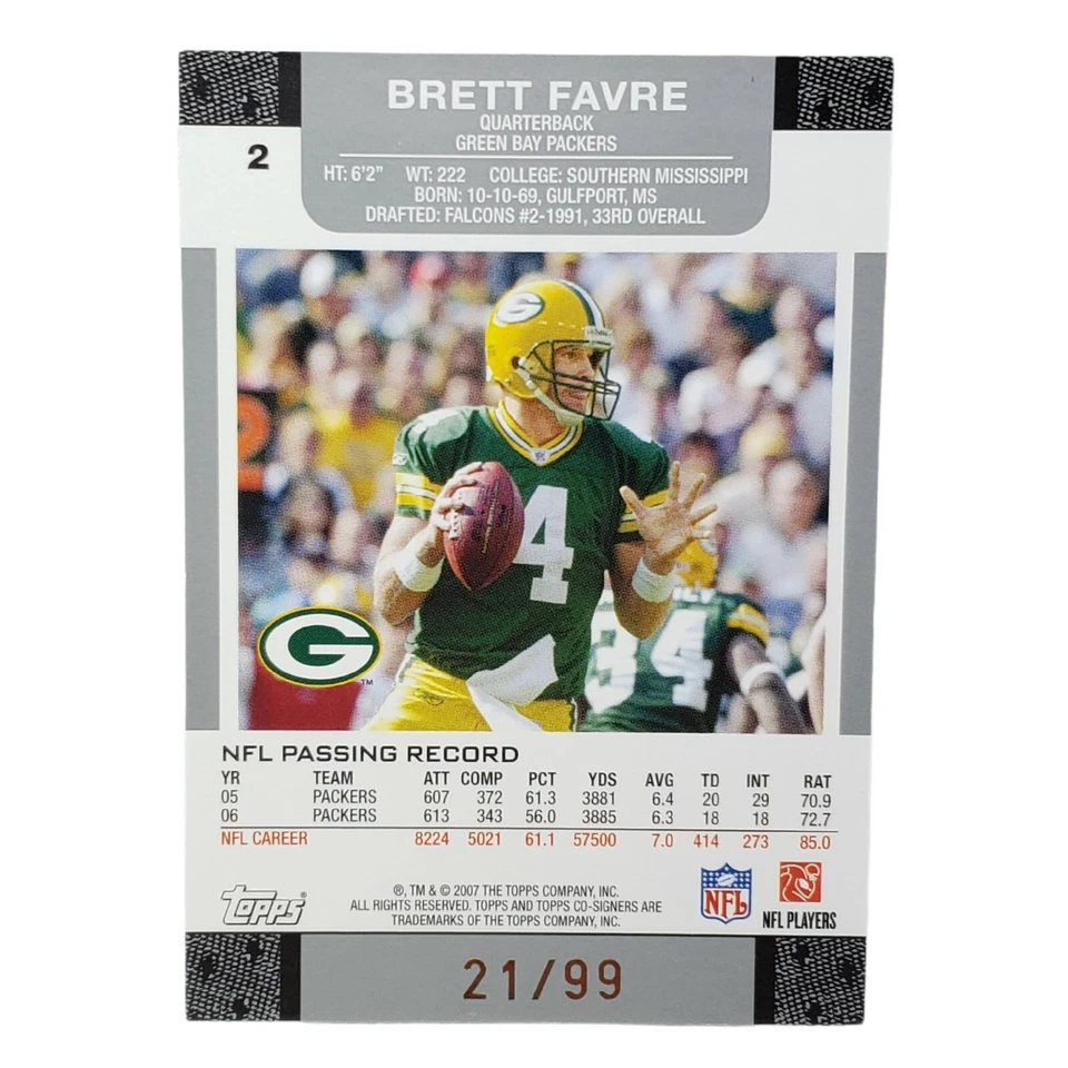 2007 Topps Co-Signers Brett Favre / Brandon Jackson Holo Blue Parallel #'d /99 - Image 4 of 4