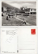 Cartolina di Mondello, barche a remi e spiaggia con bagnanti - Palermo