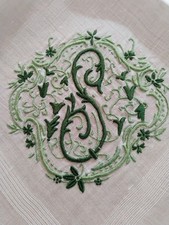 Vgt S Monogram Hunter Green Embroidery White Cotton Hankie Handkerchief