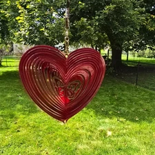 6" Heart and Butterfly Hanging Wind Spinner Concentric Circles Red in Color