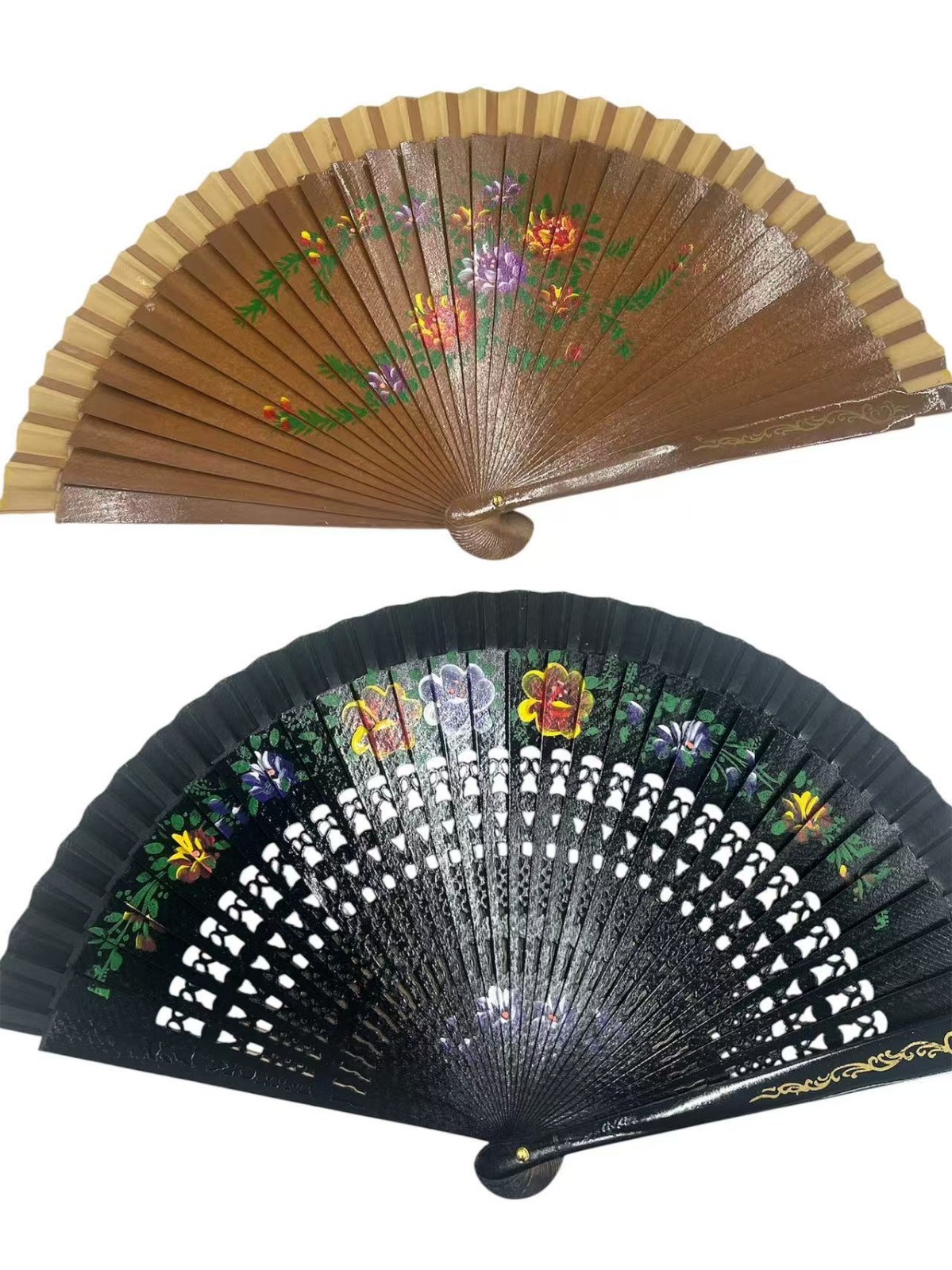 Juego de 2 abanicos de mano plegables de madera vintage flamenco español ambos lados pintados