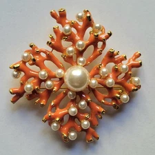 Vtg Kenneth Jay Lane KJL Faux Pearl Gold Plated Coral Enamel Brooch Pendant 3"