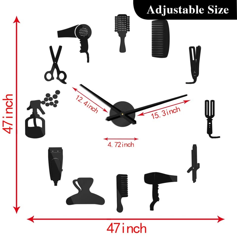 无框DIY理发店巨型挂钟带3D镜面效果,理发师装备... — 第 3/4 张图片